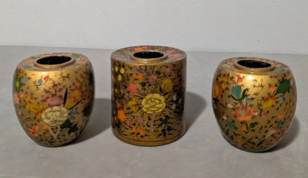 Vintage Kashmiri Miniature Papier Mache Candlestick Holders Set of 3 Small 2.5
